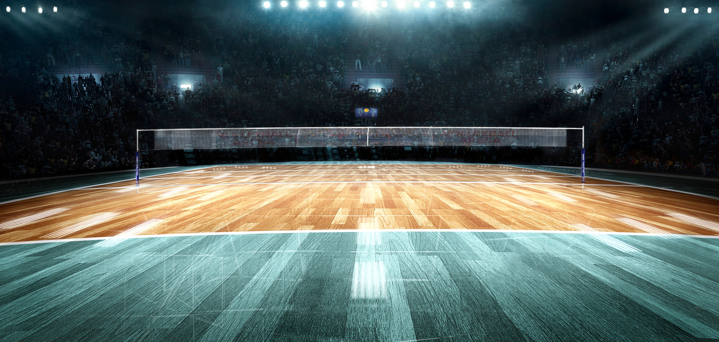 Empty professional volleyball court in lights